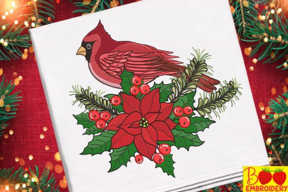 Bird Cardinal and Flower Christmas Embroidery
